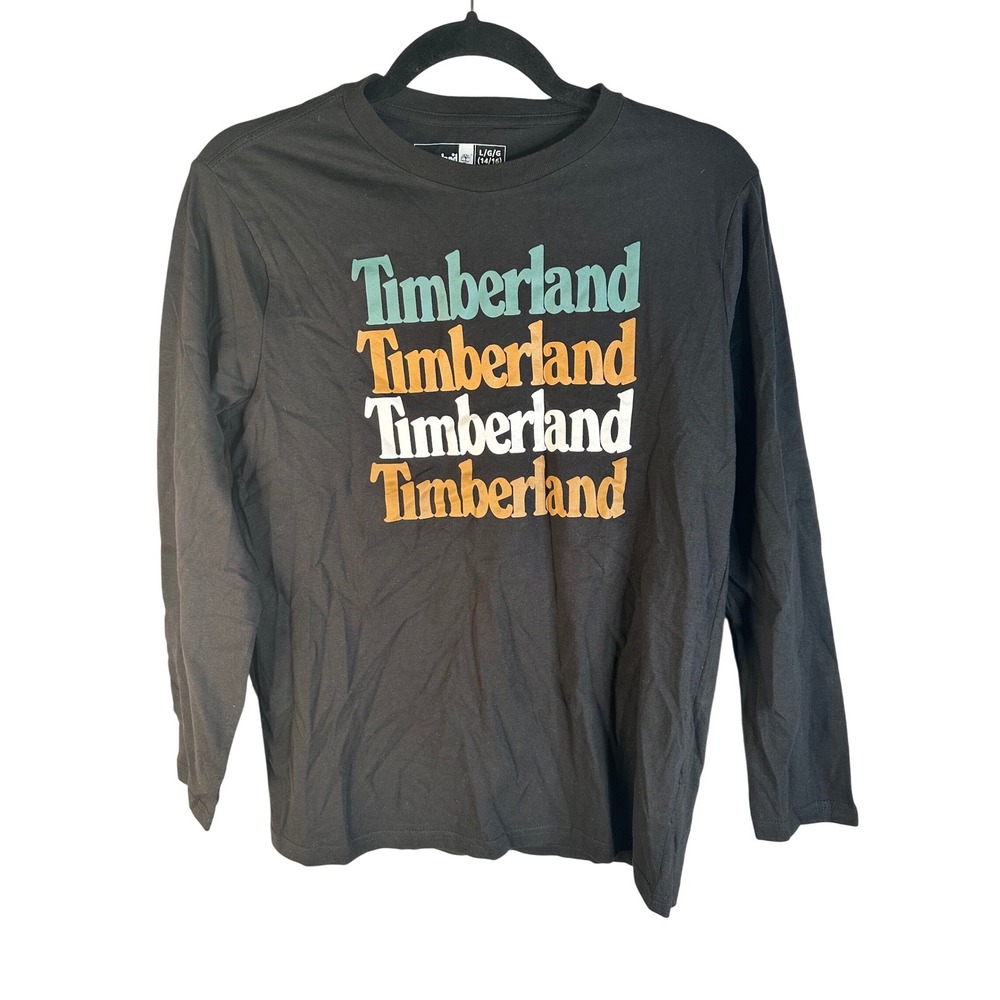 Timberland Boys Black Stacked‎ Logo Long Sleeve Graphic T-Shirt Size L 14/16